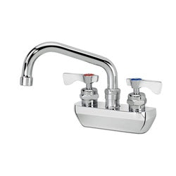 Chrome wall-mount faucet with curved spout and two handle knobs mounted on white base.