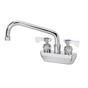 Chrome wall-mount faucet with 8-inch curved spout and two lever handles on white base.