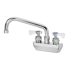 Chrome wall-mount faucet with 8-inch curved spout and two lever handles on white base.