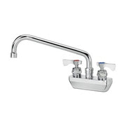 Chrome wall-mounted faucet with 10-inch curved spout and dual control knobs.