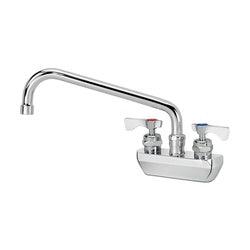 Chrome wall-mounted faucet with 10-inch curved spout and dual control knobs.