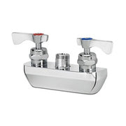 Stainless steel wall mount faucet body with dual handles and chrome finish on white base plate.