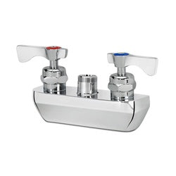 Stainless steel wall mount faucet body with dual handles and chrome finish on white base plate.