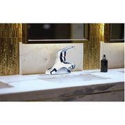 Chrome single-lever faucet with high arc spout mounted on white marble countertop.