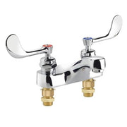 Chrome medical faucet with two lever handles and brass inlet connections on white background.