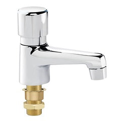 Chrome single-handle lavatory faucet with brass base and self-closing mechanism.