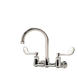 Chrome wall-mount faucet with curved gooseneck spout and two lever handles.