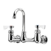 Chrome wall-mount faucet with curved gooseneck spout and dual lever handles.