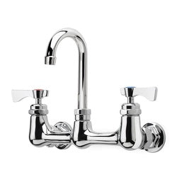 Chrome wall-mount faucet with curved gooseneck spout and dual lever handles.
