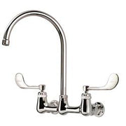 Chrome wall-mount faucet with gooseneck spout and two wristblade handles.
