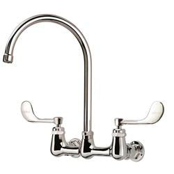 Chrome wall-mount faucet with gooseneck spout and two wristblade handles.