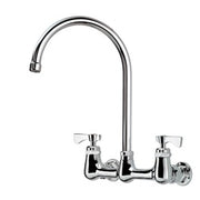 Chrome wall-mount faucet with high gooseneck spout and two lever handles.
