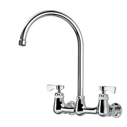 Chrome wall-mount faucet with high gooseneck spout and two lever handles.