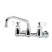Chrome wall-mount faucet with 8-inch center spacing, 6-inch spout, and accompanying spray attachment.
