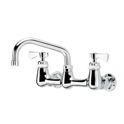Chrome wall-mount faucet with 8-inch center spacing, 6-inch spout, and accompanying spray attachment.