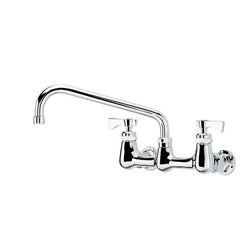 Chrome wall-mount faucet with dual handles, curved 10-inch spout, and side spray attachment.