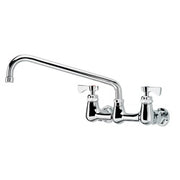 Chrome wall-mount faucet with two handles and 12-inch curved spout.