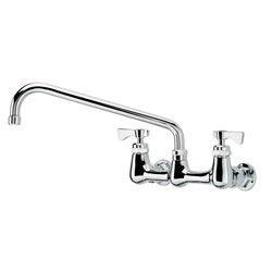 Chrome wall-mount faucet with two handles and 12-inch curved spout.