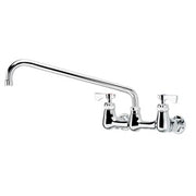 Chrome wall-mount faucet with dual handles and curved spout extending from center base.