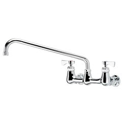 Chrome wall-mount faucet with dual handles and curved spout extending from center base.