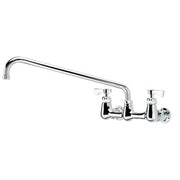 Chrome wall-mount faucet with 16-inch spout and dual handles.