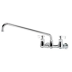 Chrome wall-mount faucet with 16-inch spout and dual handles.