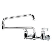Chrome wall-mount faucet with 8-inch center, 24-inch jointed spout, and deck-mounted valve assembly.