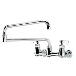 Chrome wall-mount faucet with 8-inch center, 24-inch jointed spout, and deck-mounted valve assembly.