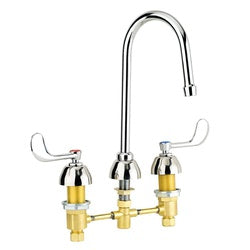 Chrome and brass 8-inch deck mount faucet with rigid gooseneck spout and dual lever handles.