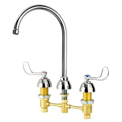 Chrome deck-mount faucet with curved gooseneck spout and two wing handles over brass valve bodies.