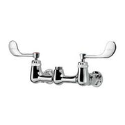 Chrome wall-mount faucet body with 8-inch center spacing and dual wrist blade handles.