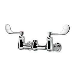 Chrome wall-mount faucet body with 8-inch center spacing and dual wrist blade handles.