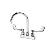 Chrome deck-mount faucet with tall gooseneck spout and two wristblade handles on white base.