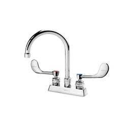 Chrome deck-mount faucet with tall gooseneck spout and two wristblade handles on white base.