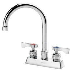 Chrome deck mount faucet with gooseneck spout and two lever handles.