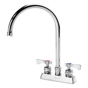Chrome deck mount faucet with gooseneck spout and dual lever handles on white base.