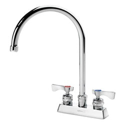 Chrome deck mount faucet with gooseneck spout and dual lever handles on white base.