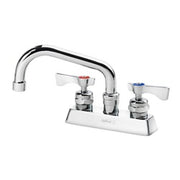 Chrome deck mount faucet with curved spout and two handle knobs on white base.
