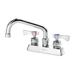 Chrome deck mount faucet with curved spout and two handle knobs on white base.