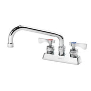 Chrome deck mount faucet with curved spout and two handles on white base.