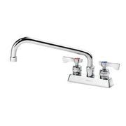Chrome deck mount faucet with 4-inch center, 10-inch curved spout, and two handles.
