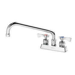 Chrome deck mount faucet with 4-inch center, 10-inch curved spout, and two handles.