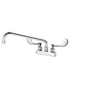 Deck mount faucet with chrome finish, dual wristblade handles, and curved swing spout.