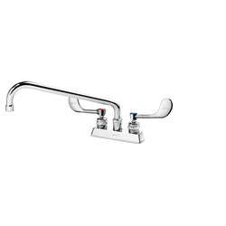 Deck mount faucet with chrome finish, dual wristblade handles, and curved swing spout.