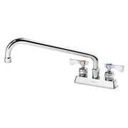 Chrome deck mount faucet with 4-inch center spacing, 12-inch spout, and three handles.