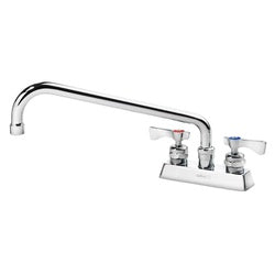 Chrome deck mount faucet with 4-inch center spacing, 12-inch spout, and three handles.