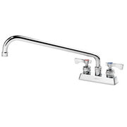 Deck-mount faucet with 14-inch swing spout, dual lever handles, and chrome finish.