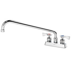 Deck-mount faucet with 14-inch swing spout, dual lever handles, and chrome finish.