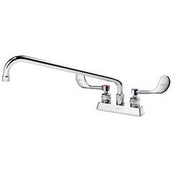 Chrome deck-mount faucet with long curved spout and two wristblade handles.