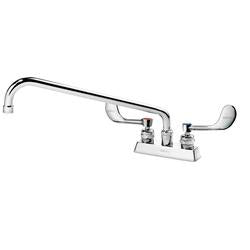 Chrome deck-mount faucet with long curved spout and two wristblade handles.